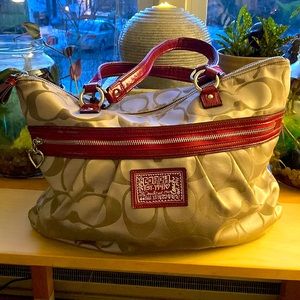 Beige Coach Tote with Red Leather Trim
